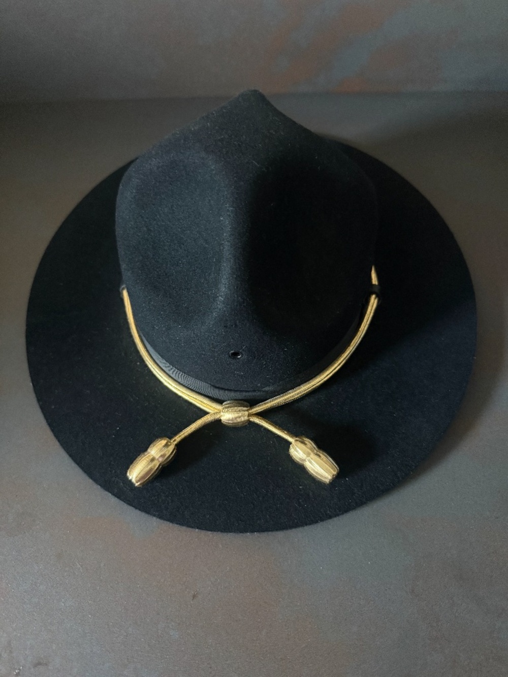 Black Stratton Felt Campaign Hat DB with badge eyelets, gold acorns and strap